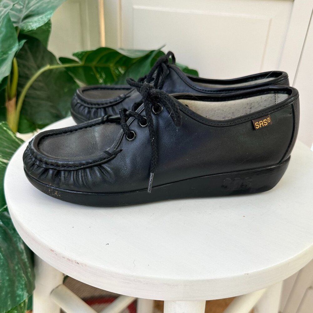 SAS Black Leather Comfort Loafers Lace Up Walking Shoes Womens 7 Wedge Soles
